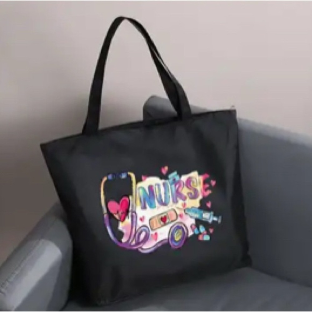 Black Nurse Tote Bag with Colorful Design